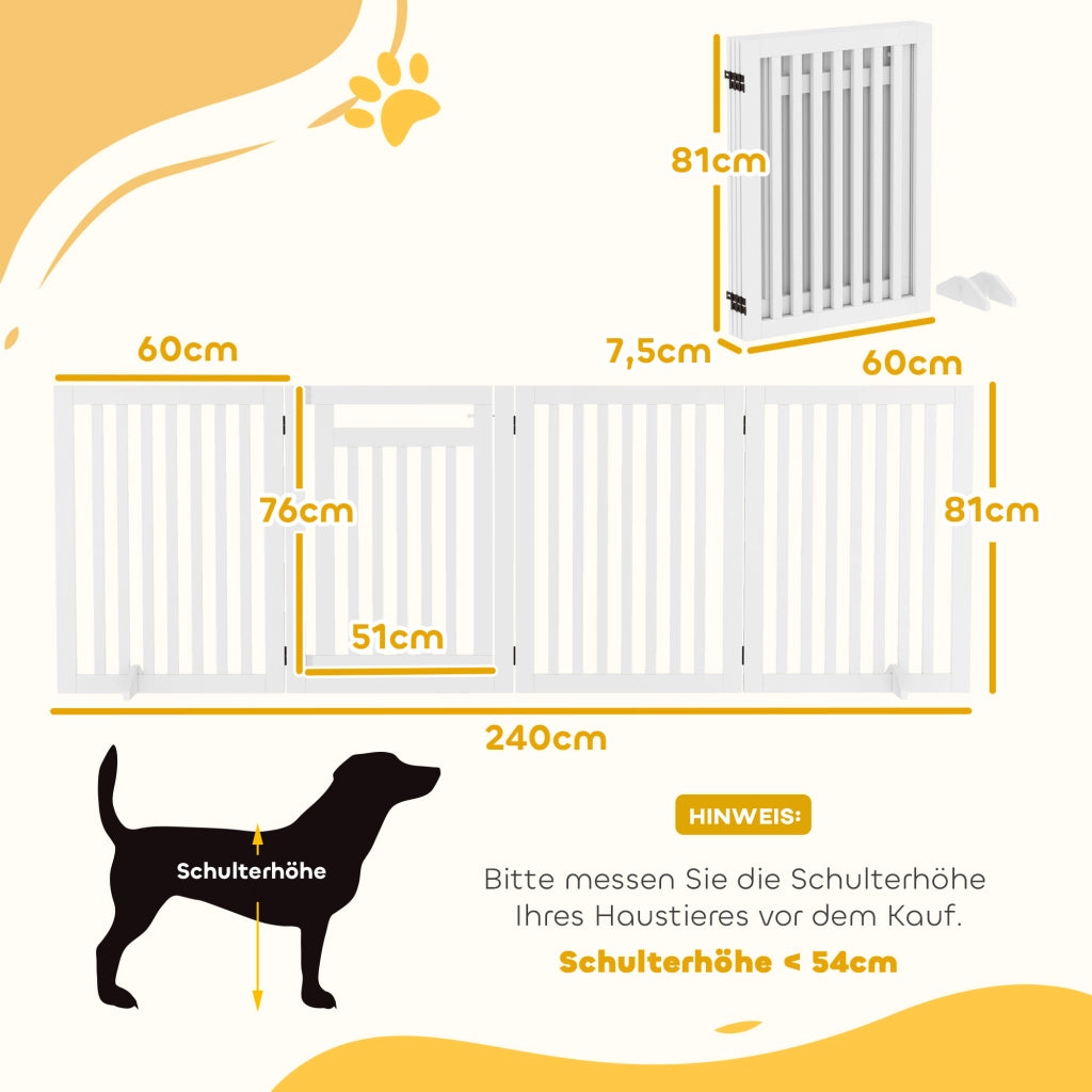 Barriera estensibile a forbice pieghevole a 4 pannelli con porta e piedini di supporto per cani in MDF bianco