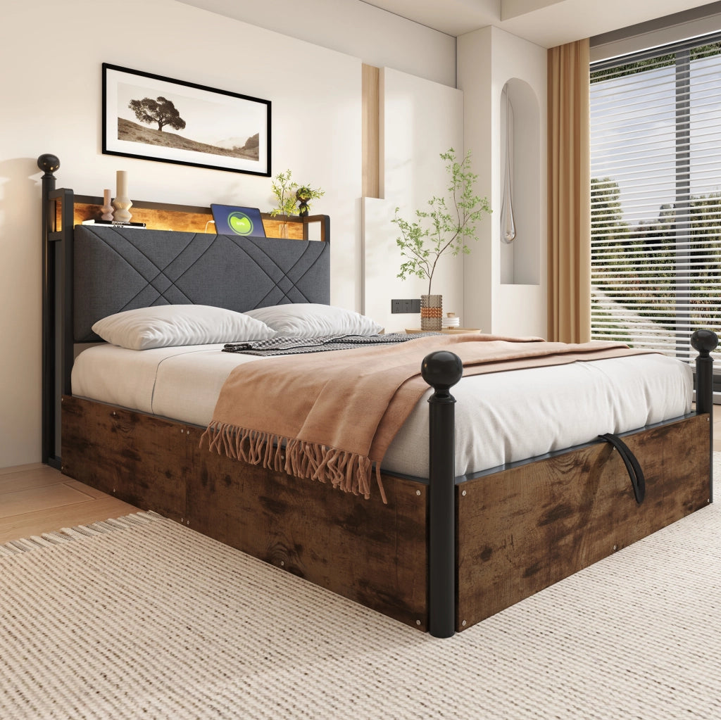 Letto singolo 90x190 cm con baldacchino removibile; contenitore idraulico; LED; USB; nero