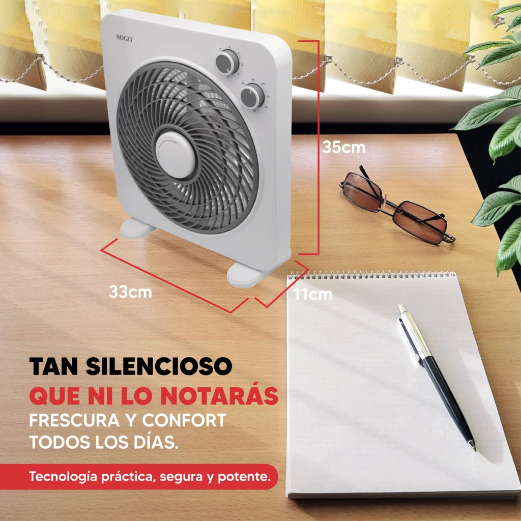 Ventilatore box da tavolo 25cm, 5 pale, 3 velocità, timer 1 ora, griglia orientabile multidirezionale 45W - SOGO