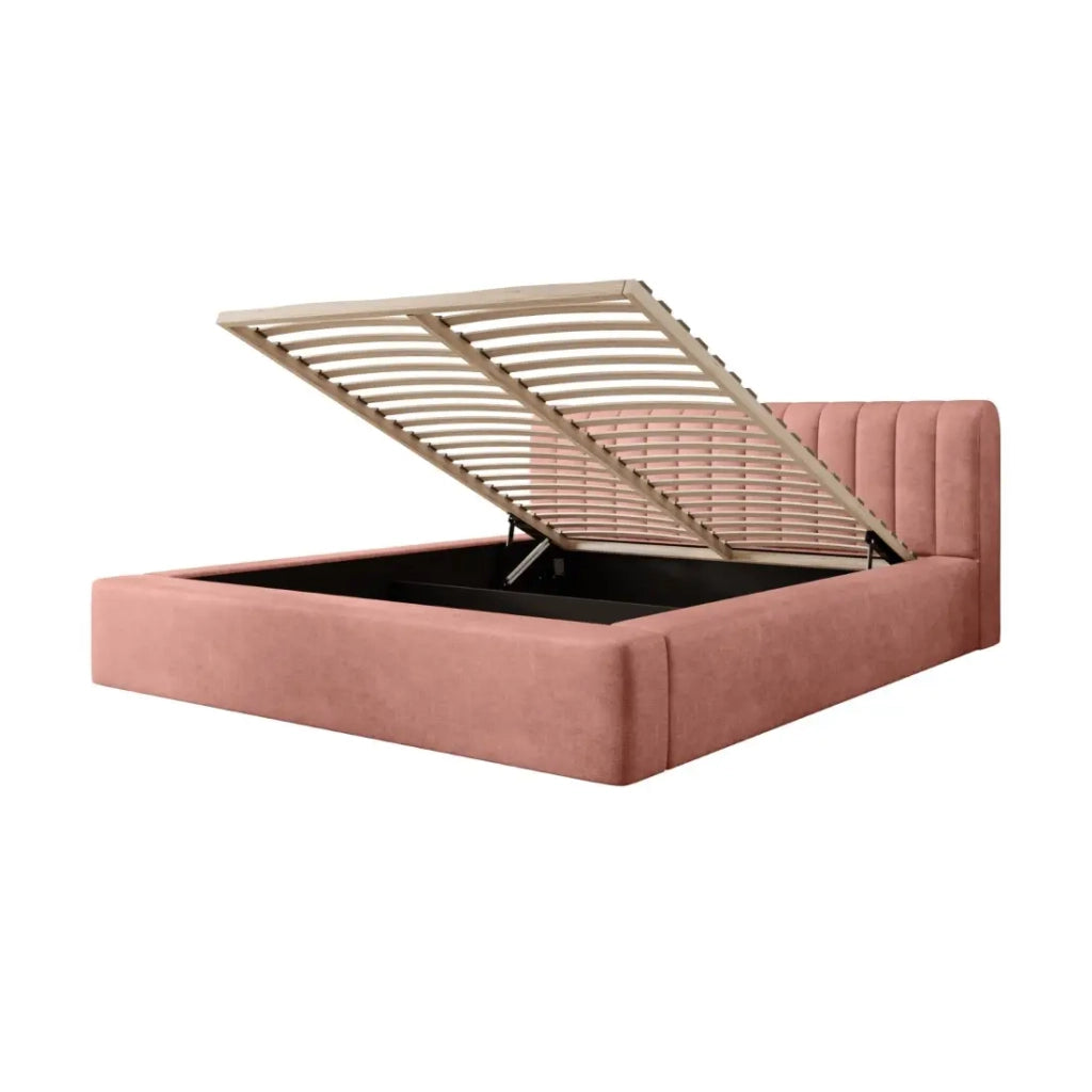 Letto contenitore CERVIN – Velluto morbido Ocre rosato – 180x200 cm – Rete sollevabile – Design elegante
