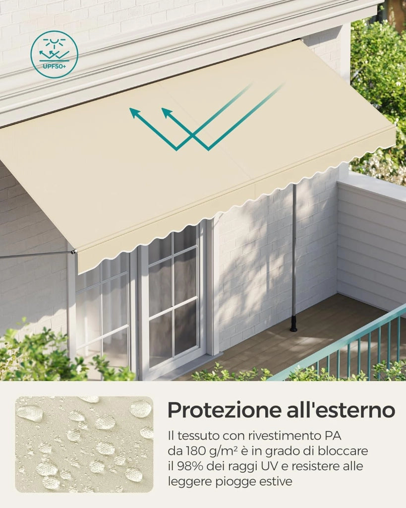 SONGMICS Tenda da Sole Avvolgibile, Tendalino Parasole Retrattile Manuale, Regolabile in Altezza con Manovella per Balcone Giardino Patio, 400 x 120 cm, Beige GSA402M01