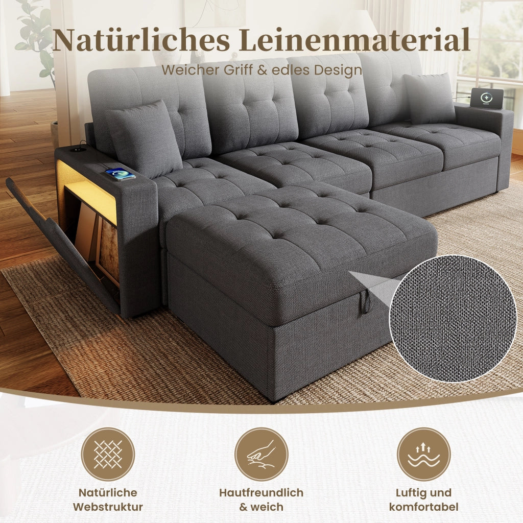 DIVANO ANGOLARE L 4 POSTI 253 cm Grigio Antico in Lino con pouf posizionabile