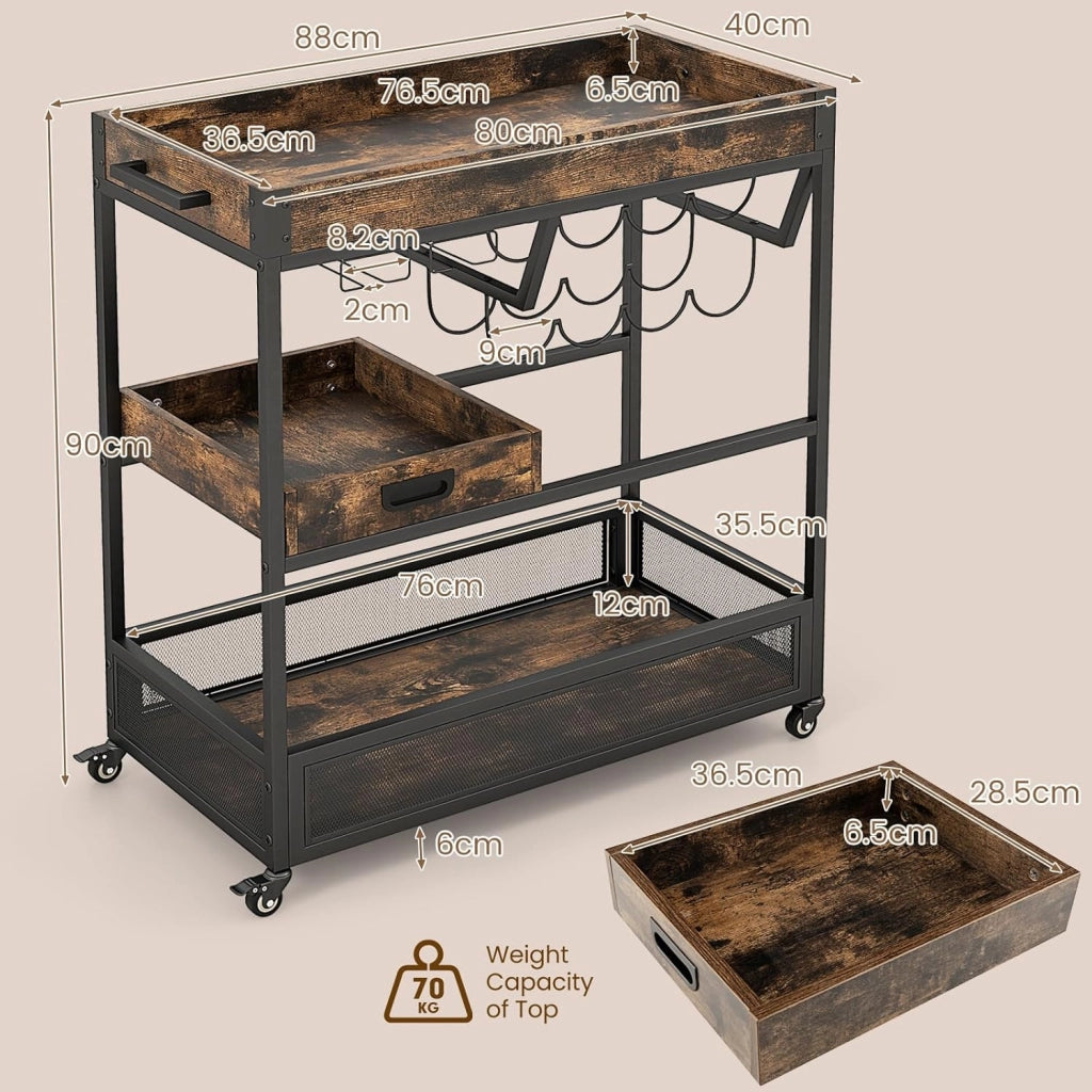 Carrello da cucina industriale a 3 livelli, carrello di servizio con portabottiglie, portabicchieri e vassoio estraibile, carrello ausiliario in legno con ruote, per sala da pranzo, bar, 88