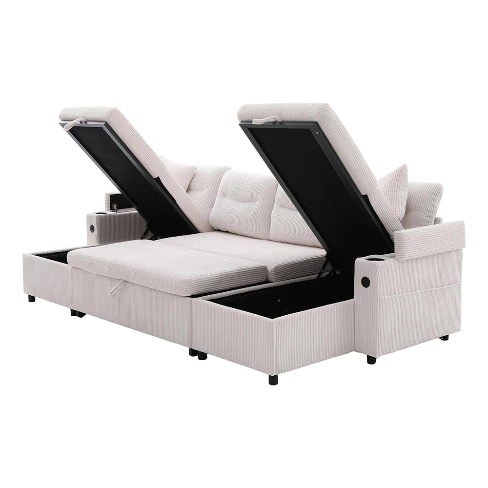 Canap¨¦ moderno in velluto per 4 persone - Xylo - Divano letto con chaise longue, vano portaoggetti e porte USB