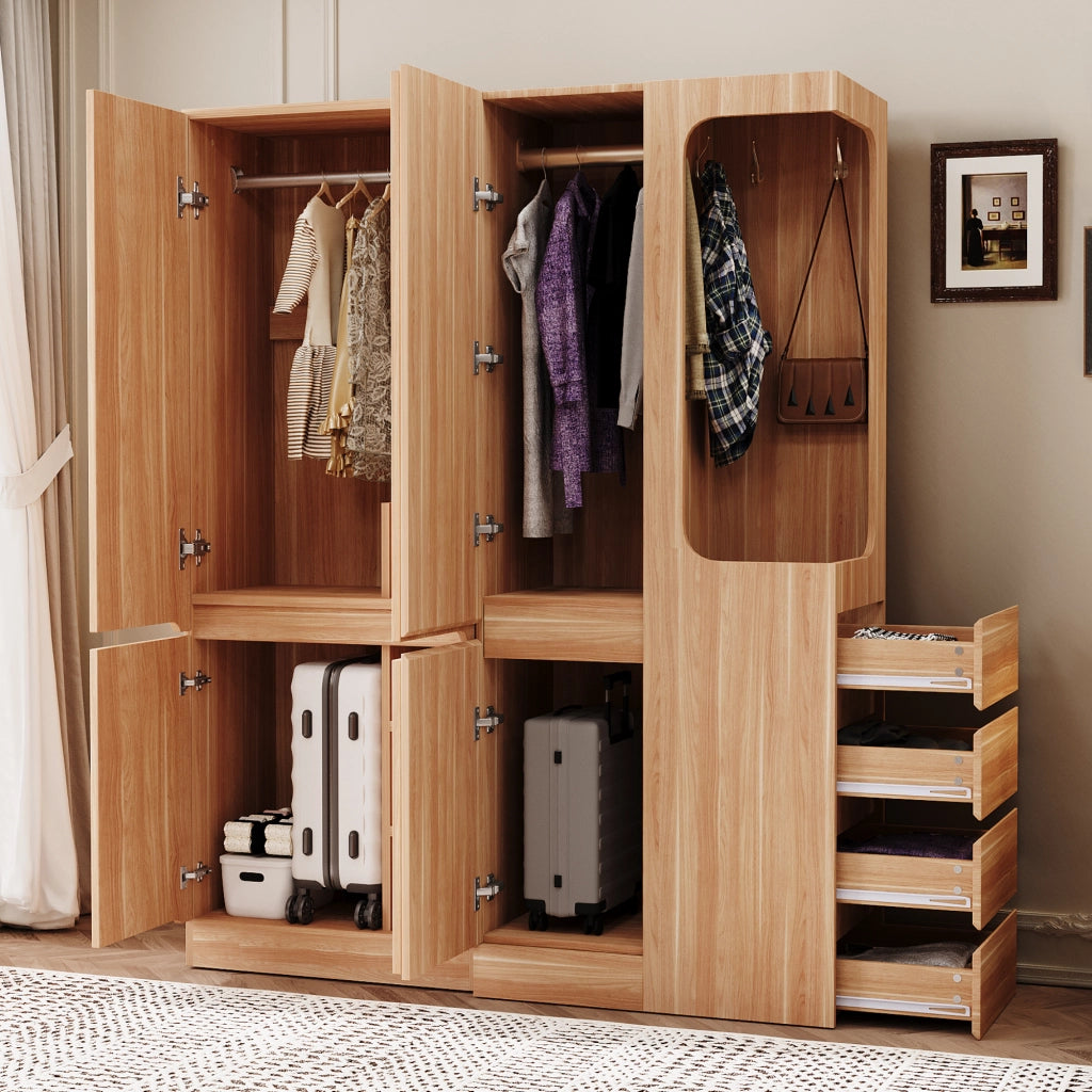 Armadio con 3 ante e 4 cassetti, area appendiabiti aperta e 3 vani contenitore, in legno, naturale 140 × 40 × 170 cm