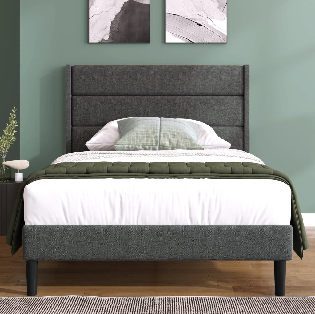 Letto imbottito 90x200 cm con testiera e rete a doghe; tessuto lino grigio