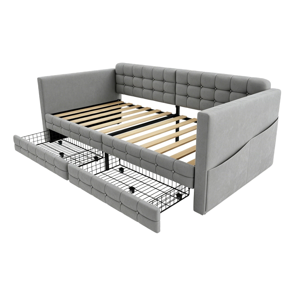 Letto imbottito 90x190 cm con 2 cassetti e tasche laterali in velluto grigio chiaro