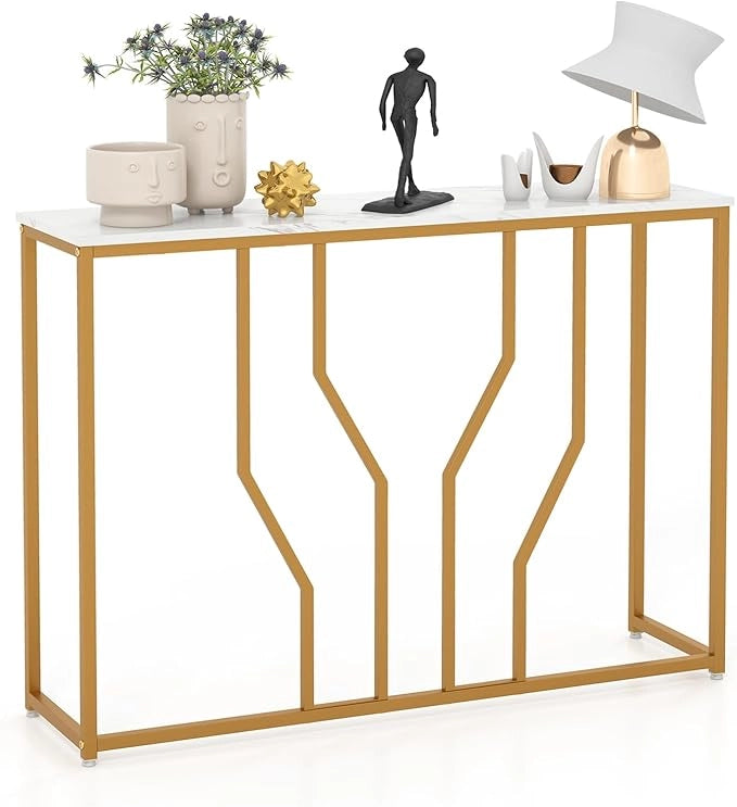 Tavolo Consolle 110cm, Tavolo da Ingresso con Piano Effetto Marmo, Struttura in Metallo, per Soggiorno, Corridoio, Ingresso