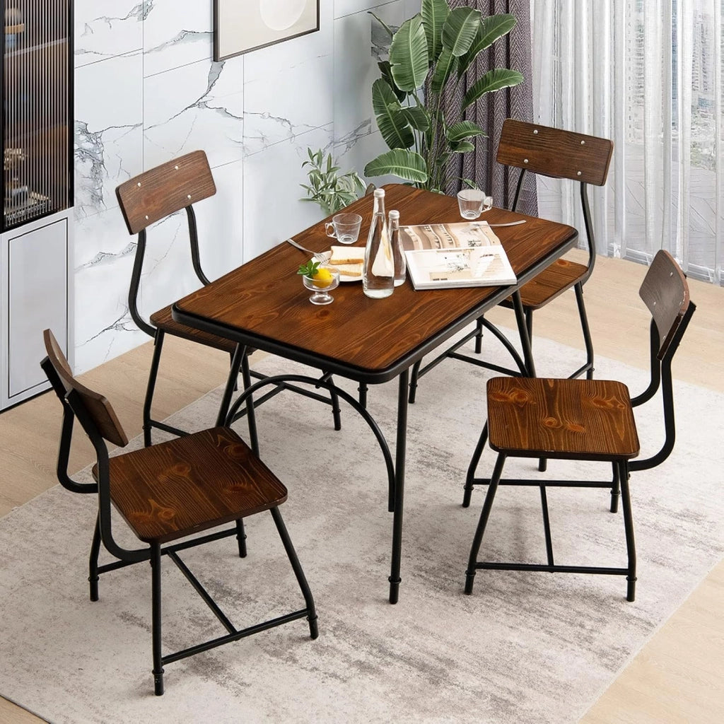 Set Tavolo e 4 Sedie da Pranzo, Set da Pranzo in Stile Industriale con Struttura di Metallo, Set Tavolo Rettangolare per Cucina Ristorante, Marrone (Set Tavolo e 4 Sedie)