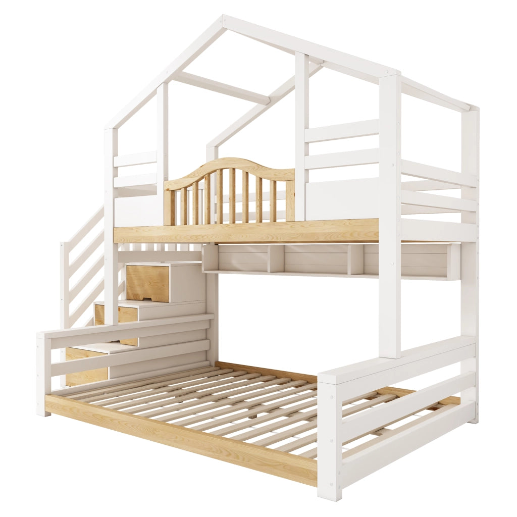 Letto a castello per bambini in legno bianco e naturale 90x200/140x200 con scala contenitore