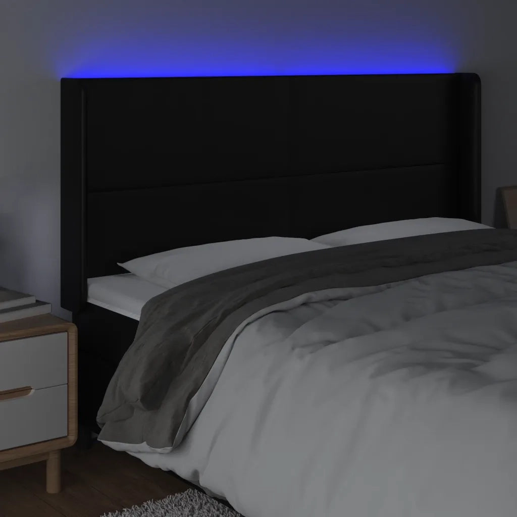 Testiera a LED Nera 203x16x118/128 cm in Similpelle 3123876
