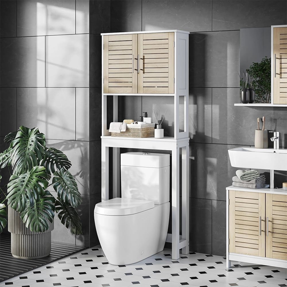 Armadietto per toilette Looma, Bianco/quercia, 70 x 180 cm con 2 scomparti chiusi, utilizzabile come armadio sovrapponibile per lavatrice o WC