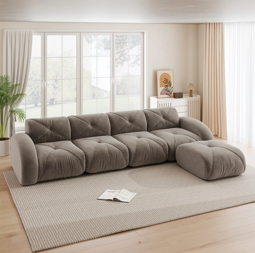 Divano modulare angolare in chenille taupe; 4 posti con pouf; senza montaggio