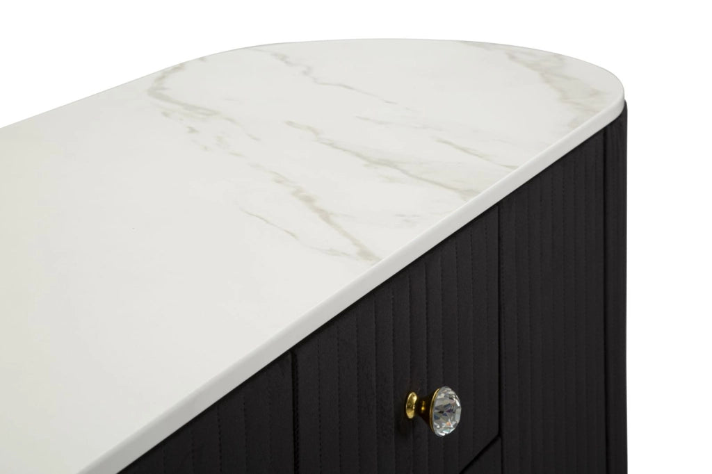 Consolle metallo dorato, tessuto nero e similmarmo, cassetti e ante 120x40x85cm Montpellier