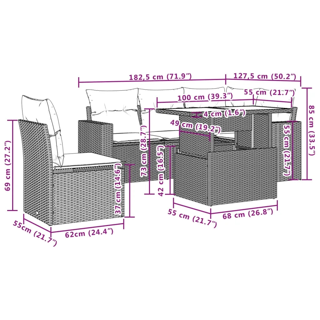 Set Divano da Giardino 6 pz con Cuscini Grigio in Polyrattan 3267280