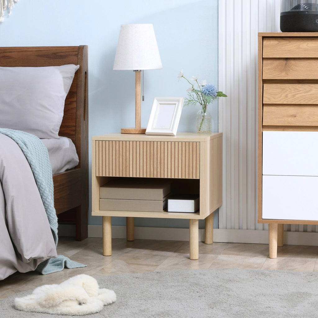 Comodino Moderno con Cassetto e Ripiano Aperto ¨C zephmum ¨C Legno Naturale 47x47x50 cm
