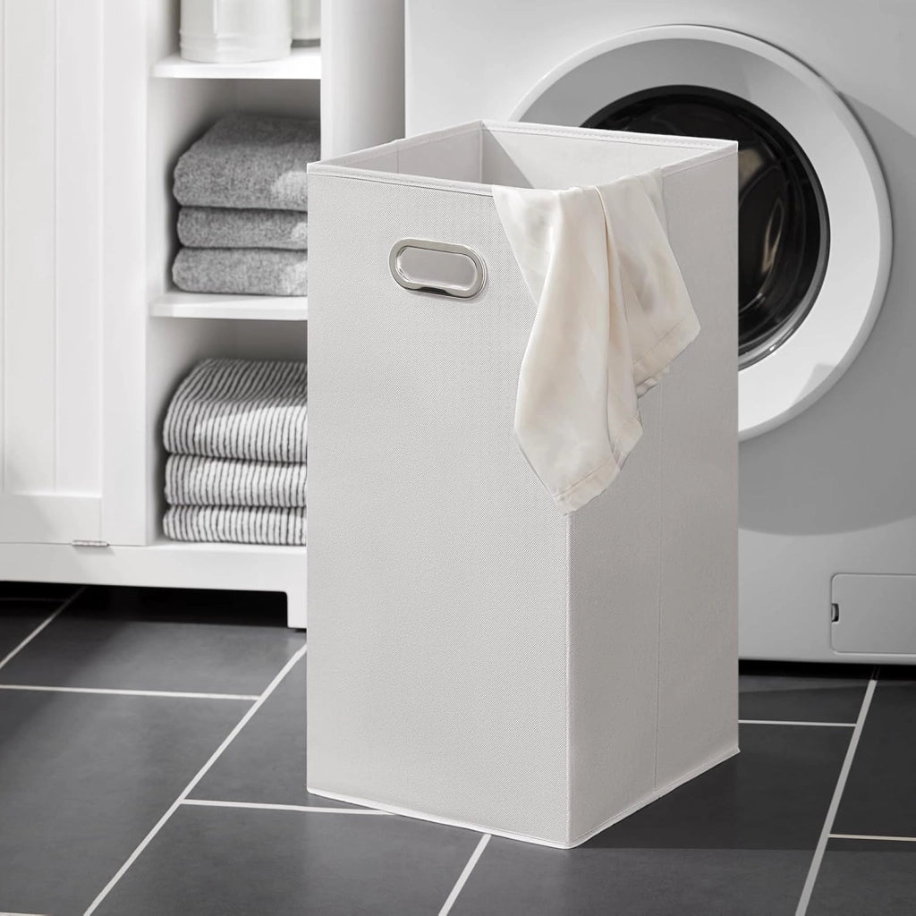 Mobiletto da Bagno con Sacco per Biancheria – Mobile con Cesto a Ribalta e 3 Ripiani – Mobile Salvaspazio, Arredo Bagno in Legno per Spazi Ridotti, Bianco, 60x86x37cm, BZR105-W