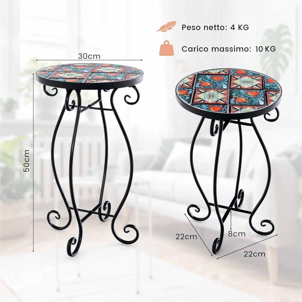 Tavolino per Esterno ed Interno, Tavolino Rotondo con Piano in Piastrelle di Ceramica e Attraenti Motivi, Tavolino Porta Piant per Cortile, Giardino e Salotto