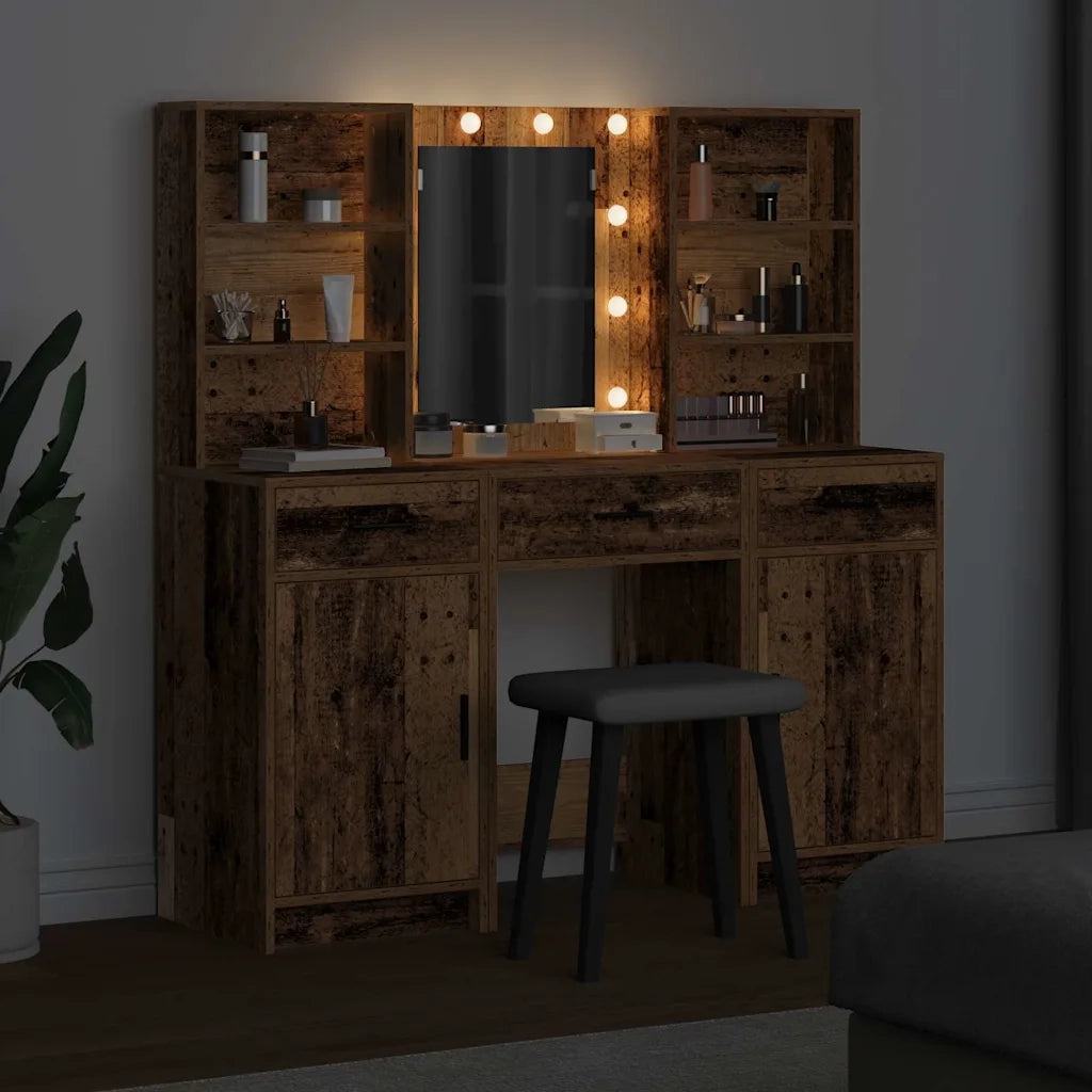Set da Toeletta | Tavolo da Trucco con LED con porta 3 pz Legno vecchio