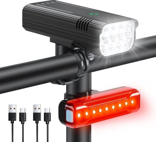 Set di luci per bicicletta - super luminoso 3000 lumen - ricaricabile via USB - leggero e impermeabile - illuminazione per mountain bike - sicuro e facile da installare