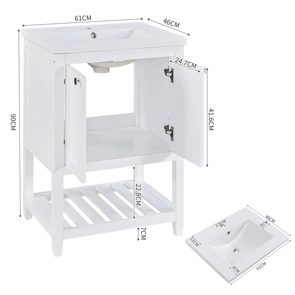 Mobile sottolavabo con lavabo in ceramica da bagno con base a pavimento in legno massello e MDF bianco 60 cm