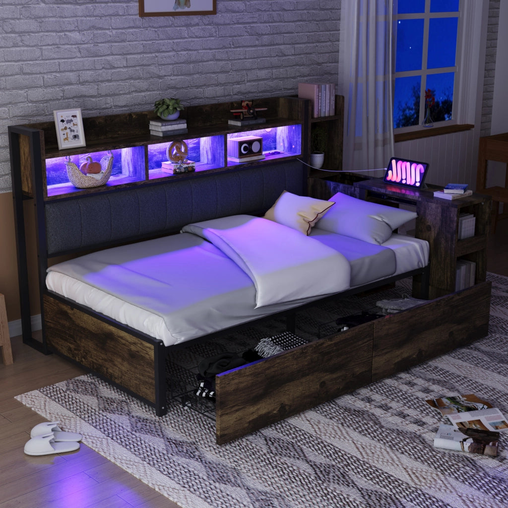Letto singolo 90x200 cm multifunzione con scrivania estraibile, prese e cassetti