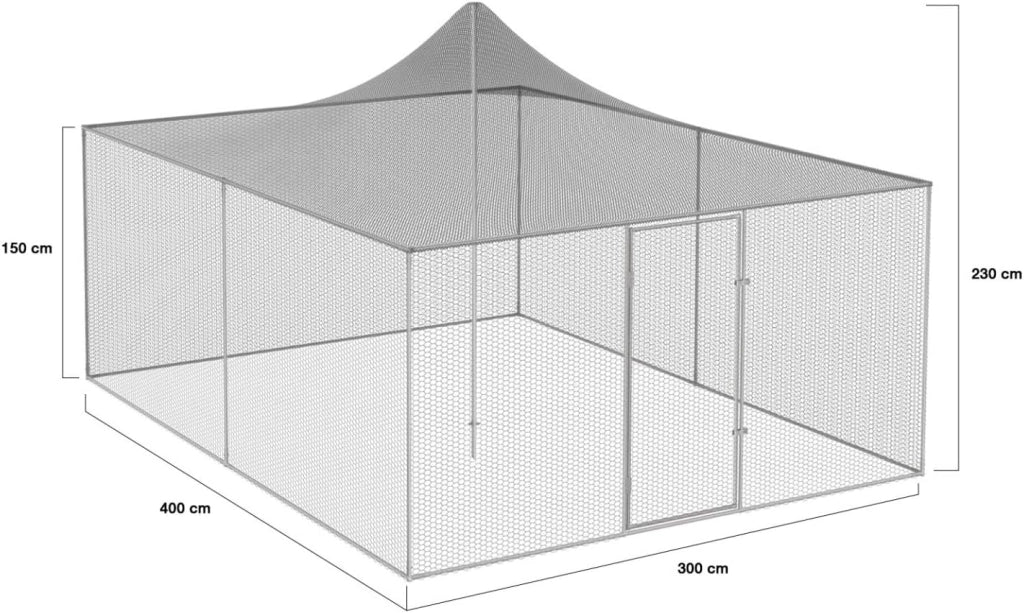 Voliera 12 m², Pollaio 3 x 4 m, Recinzione per polli, Tetto in rete, Rete in acciaio zincato