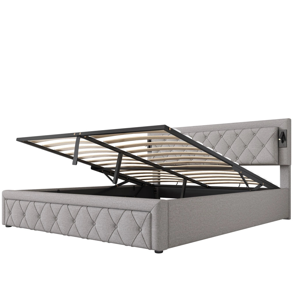 Letto 180x200 cm con contenitore idraulico, LED e USB, rivestito in lino grigio
