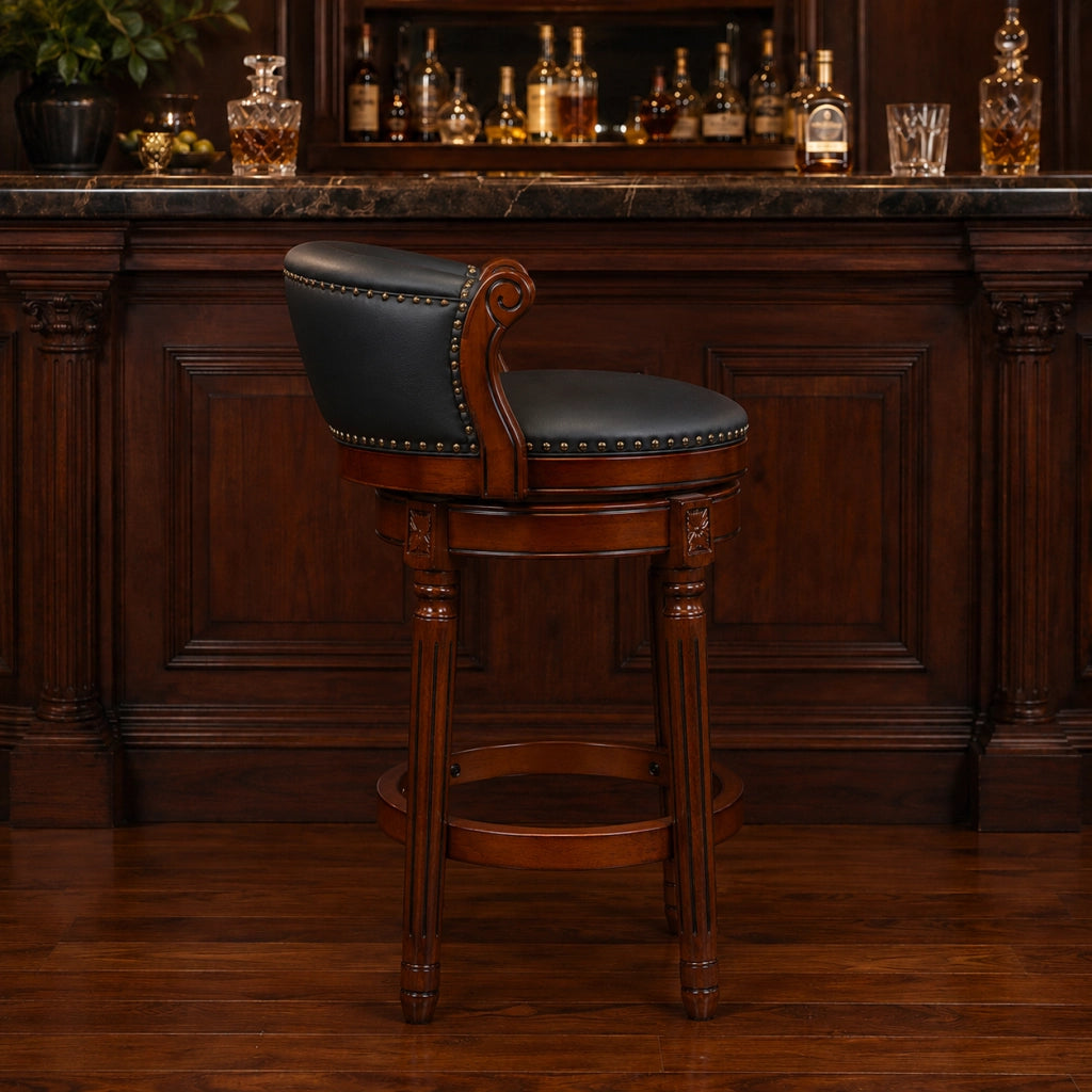 Sgabello da bar girevole 55x55x34 cm con schienale curvo in pelle e legno blu