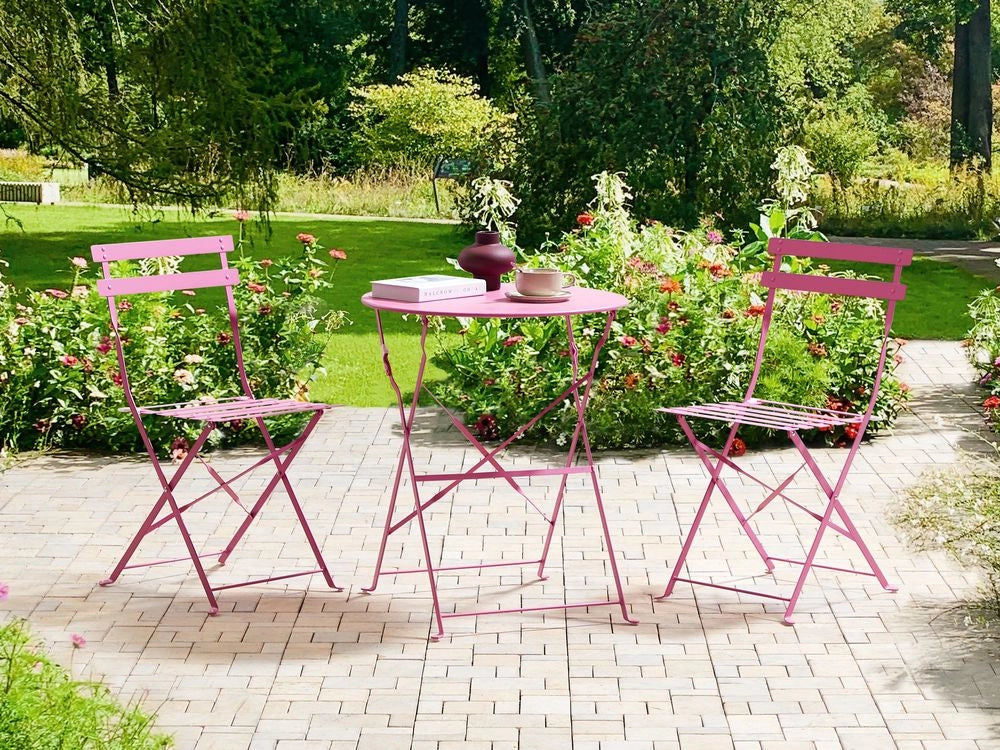 Set da bistrot 3 pezzi rosa in metallo pieghevole con schienale a doghe per esterni