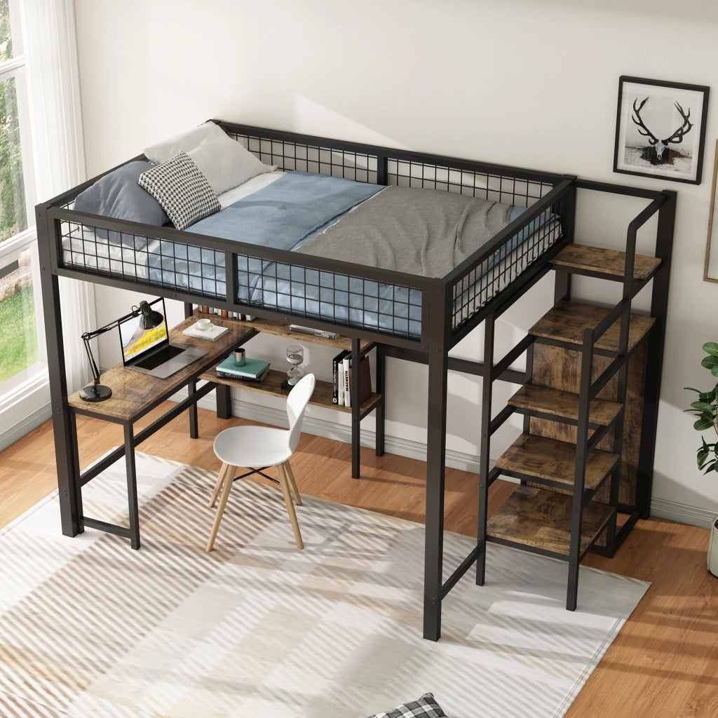 Letto a castello nero marrone con scrivania e armadio in metallo e MDF 140x200 cm