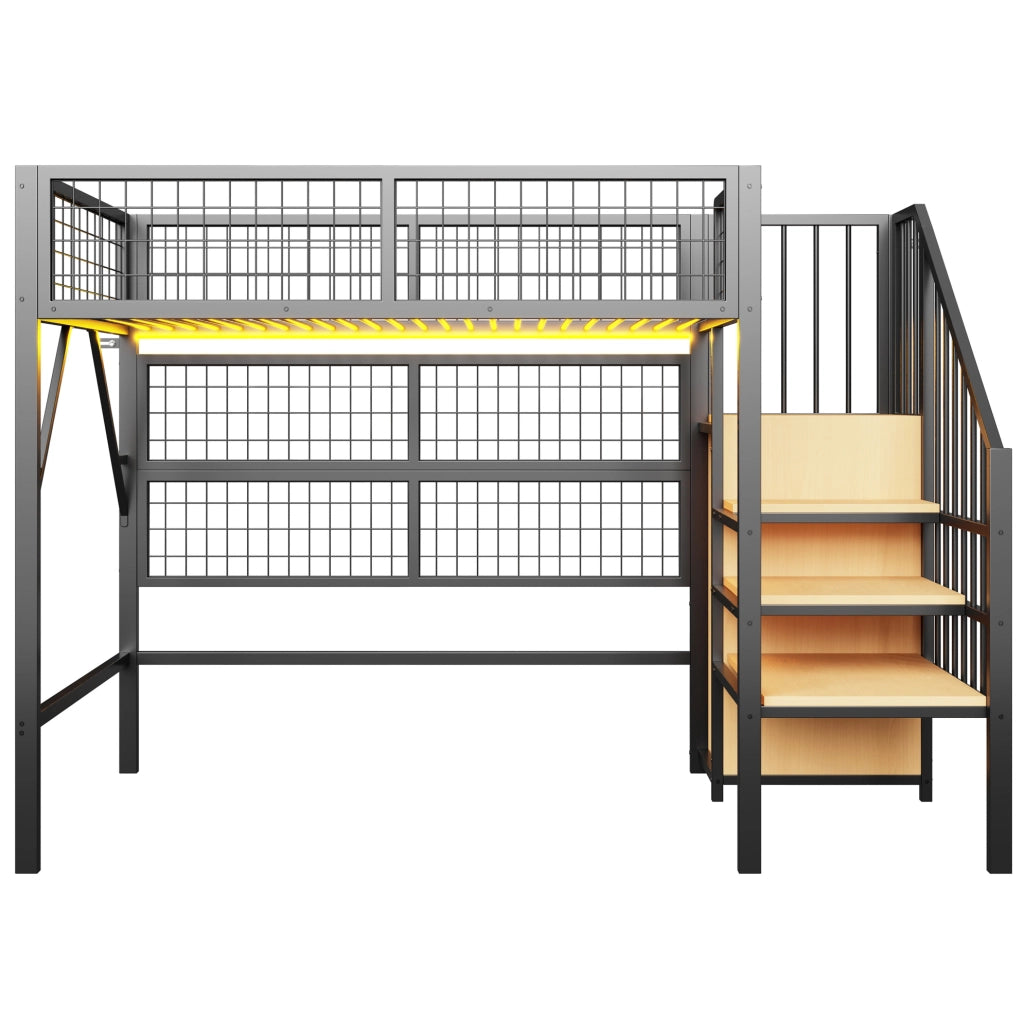 Letto a soppalco 90x200 cm con scala contenitore e LED in metallo nero