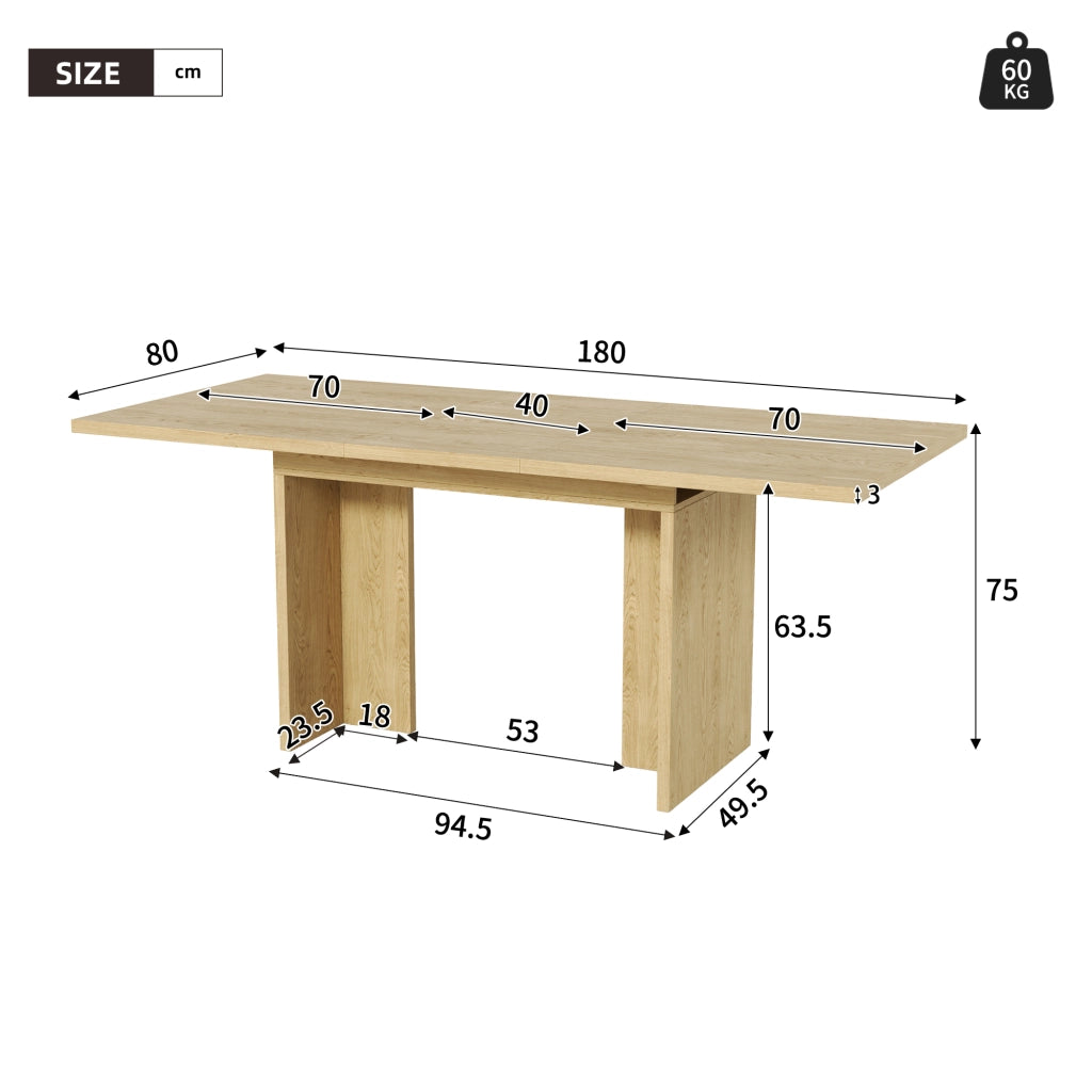 Tavolo allungabile per 6-8 persone con piano spesso 30 mm, struttura a T, in MDF, rovere, 180 × 80 × 75 cm