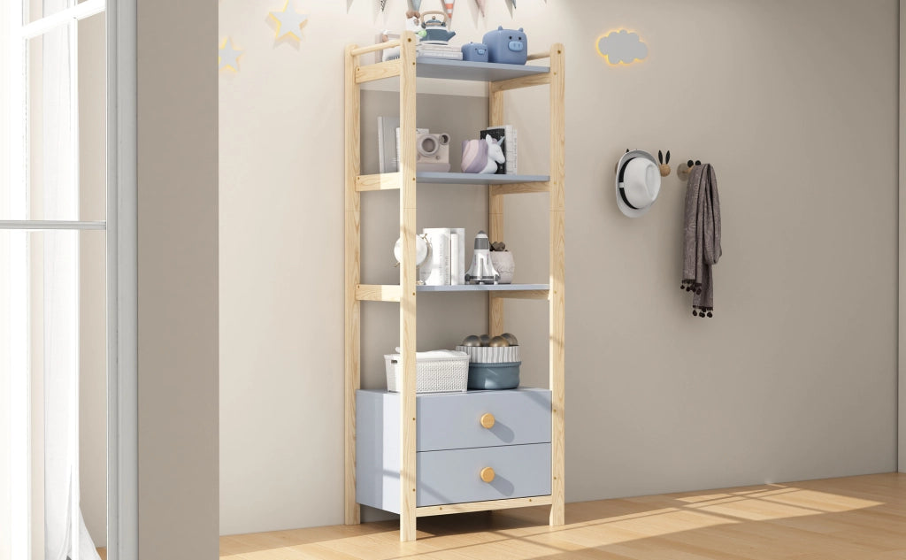 Libreria autoportante blu e legno con 4 ripiani e 2 cassetti, 70x45x180,5 cm