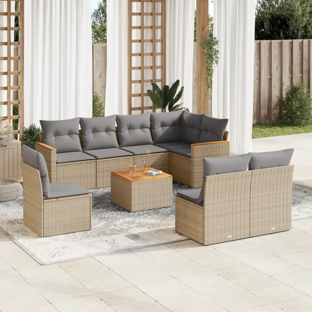 Set Divano da Giardino 9 pz con Cuscini Beige in Polyrattan