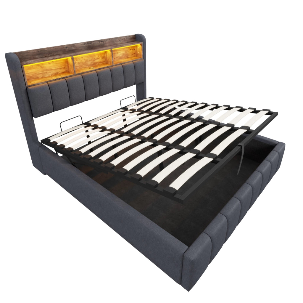 Letto imbottito 180x200 cm con LED; contenitore e USB in lino grigio