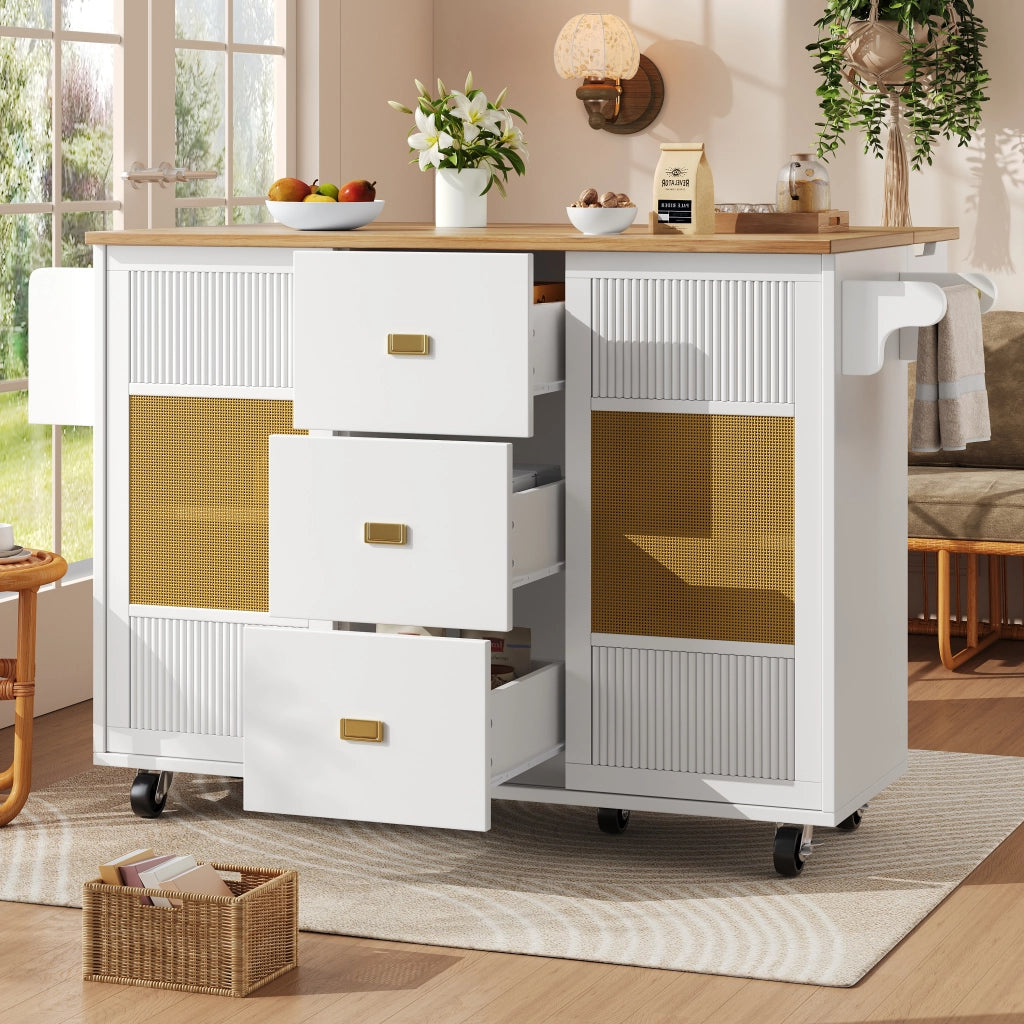 Isola da cucina con 3 cassetti; 2 ante scorrevoli; piano ribaltabile e portaasciugamani; in MDF e metallo; 146;85x70x90 cm; bianco