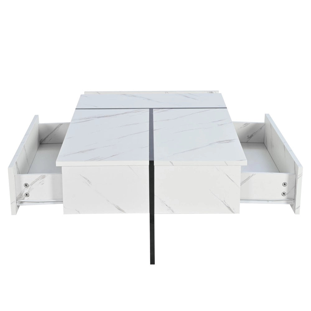 Tavolino da Caff¨¨ con LED e Piano in Vetro Effetto Marmo ¨C MINIMAL ¨C Bianco Lucido, 105x60x35 cm