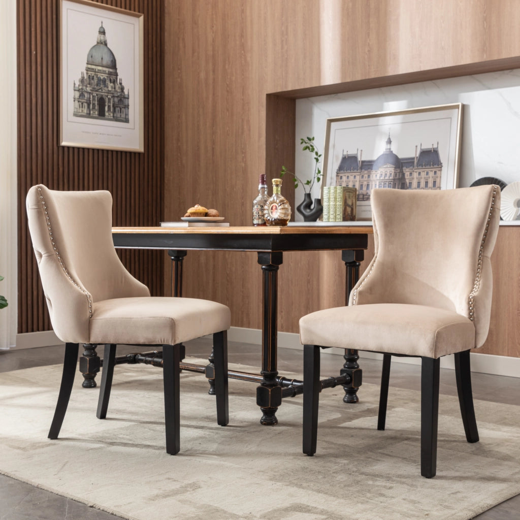 Sedie da Pranzo Imbottite in Velluto ¨C Xylo ¨C Beige, Gambe in Legno Massello, Set 2 Pezzi
