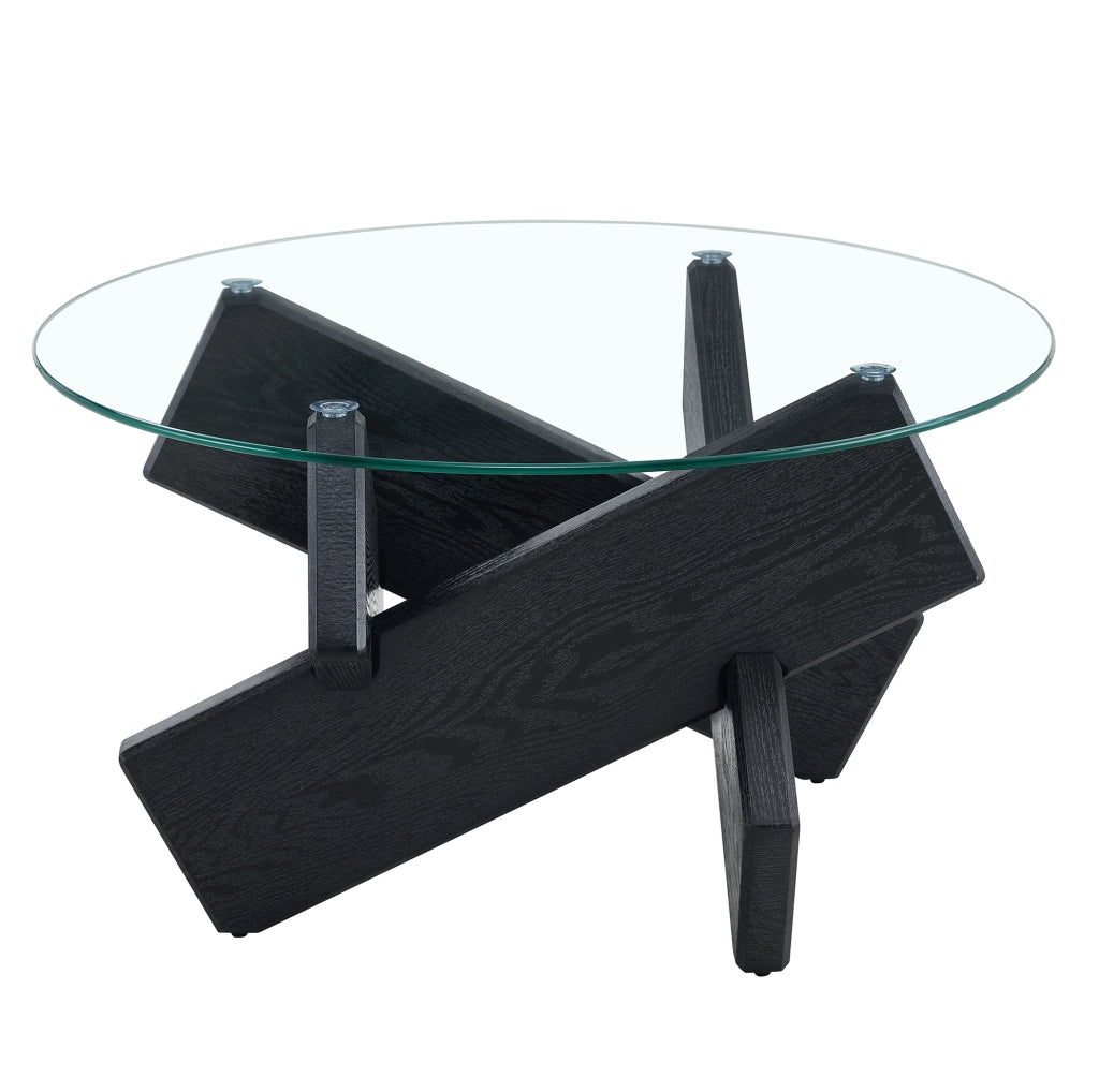 Tavolino da caffè rotondo 79 cm con piano in vetro e base incrociata in MDF e vetro nero trasparente