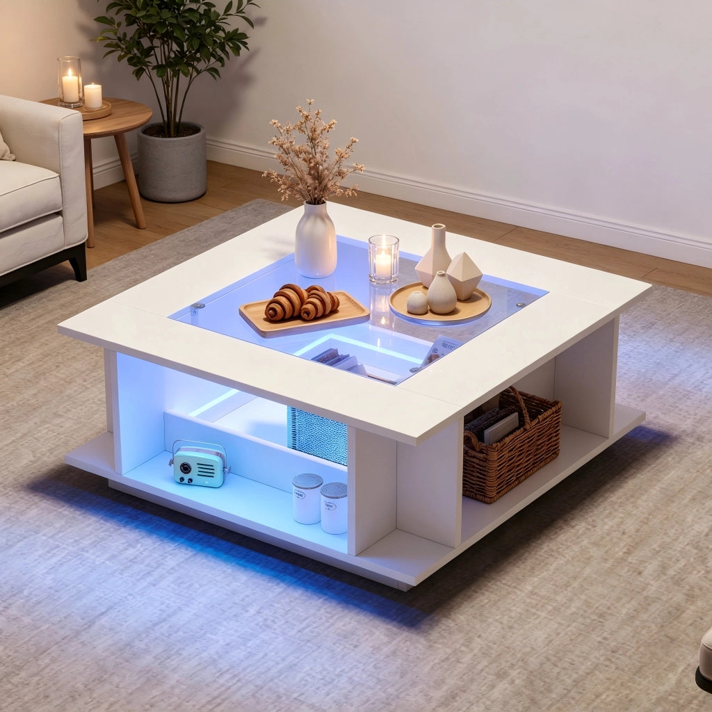 Tavolino da salotto quadrato 70¡Á70¡Á30 cm bianco con piano in vetro, finitura lucida, illuminazione LED e contenitore