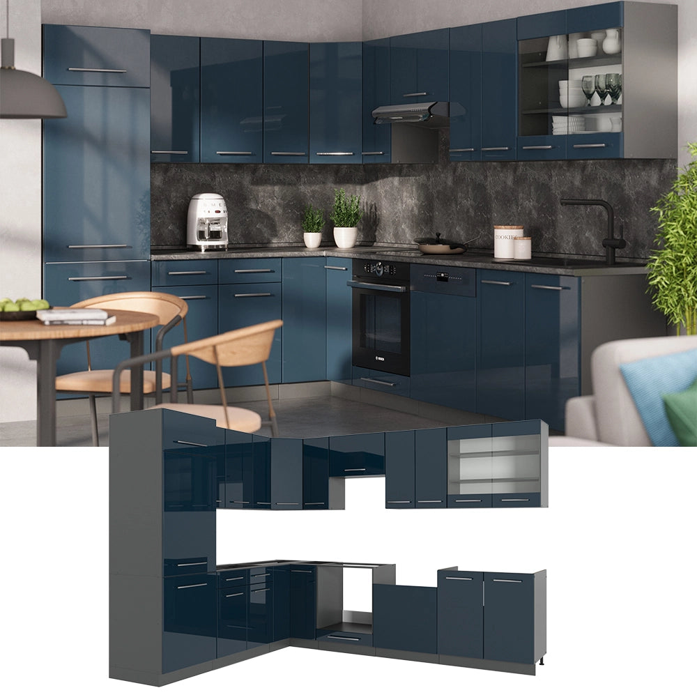 Cucina angolare completa Fame-Line Blu scuro lucido/Antracite 287 x 60 cm, PL Antracite Vicco