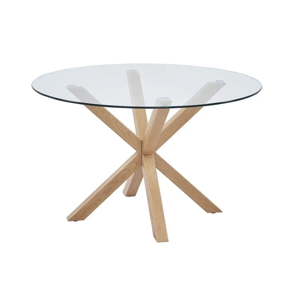 Tavolo da pranzo ALEX – Rotondo 120 cm – Piano in vetro temperato e gambe in metallo effetto legno – Stile moderno