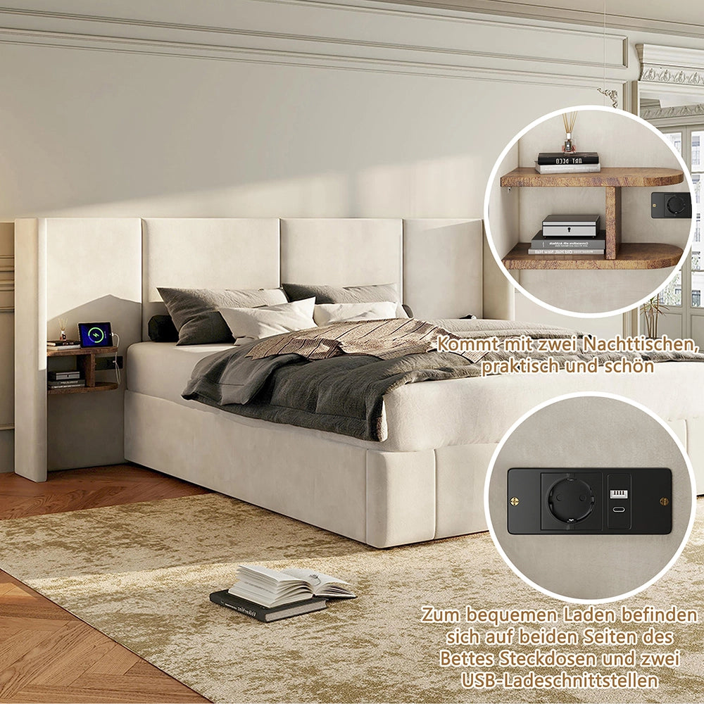 Letto imbottito idraulico 160x200 cm - Xylo - Orecchie larghe USB prese di corrente 2 comodini Velours Beige