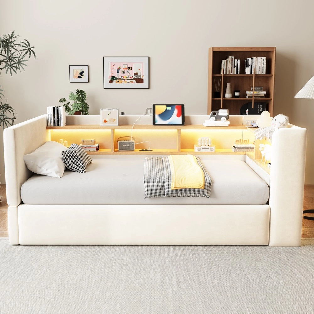 Letto imbottito contenitore singolo ¨C Minimal ¨C Beige 90x190cm con LED