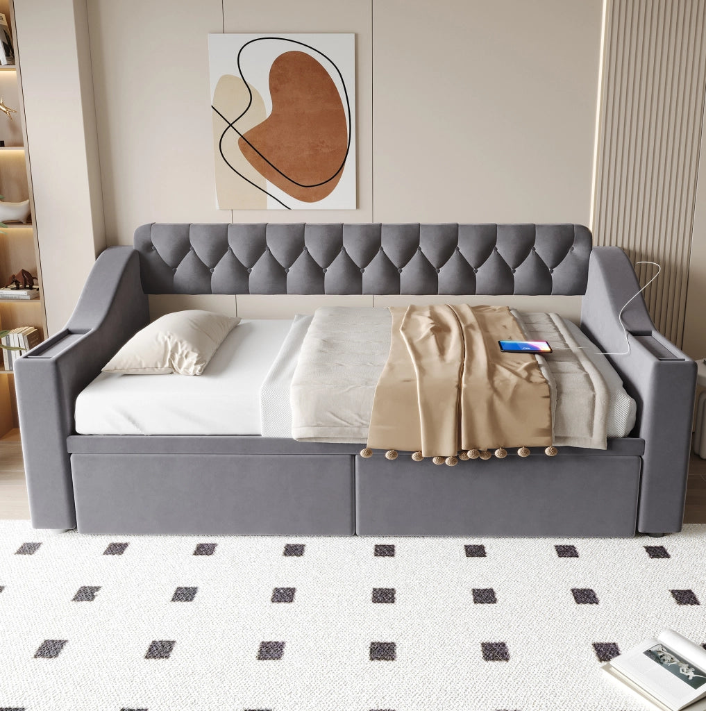 Divano letto imbottito 90x190 cm in velluto grigio con cassetti e ricarica USB