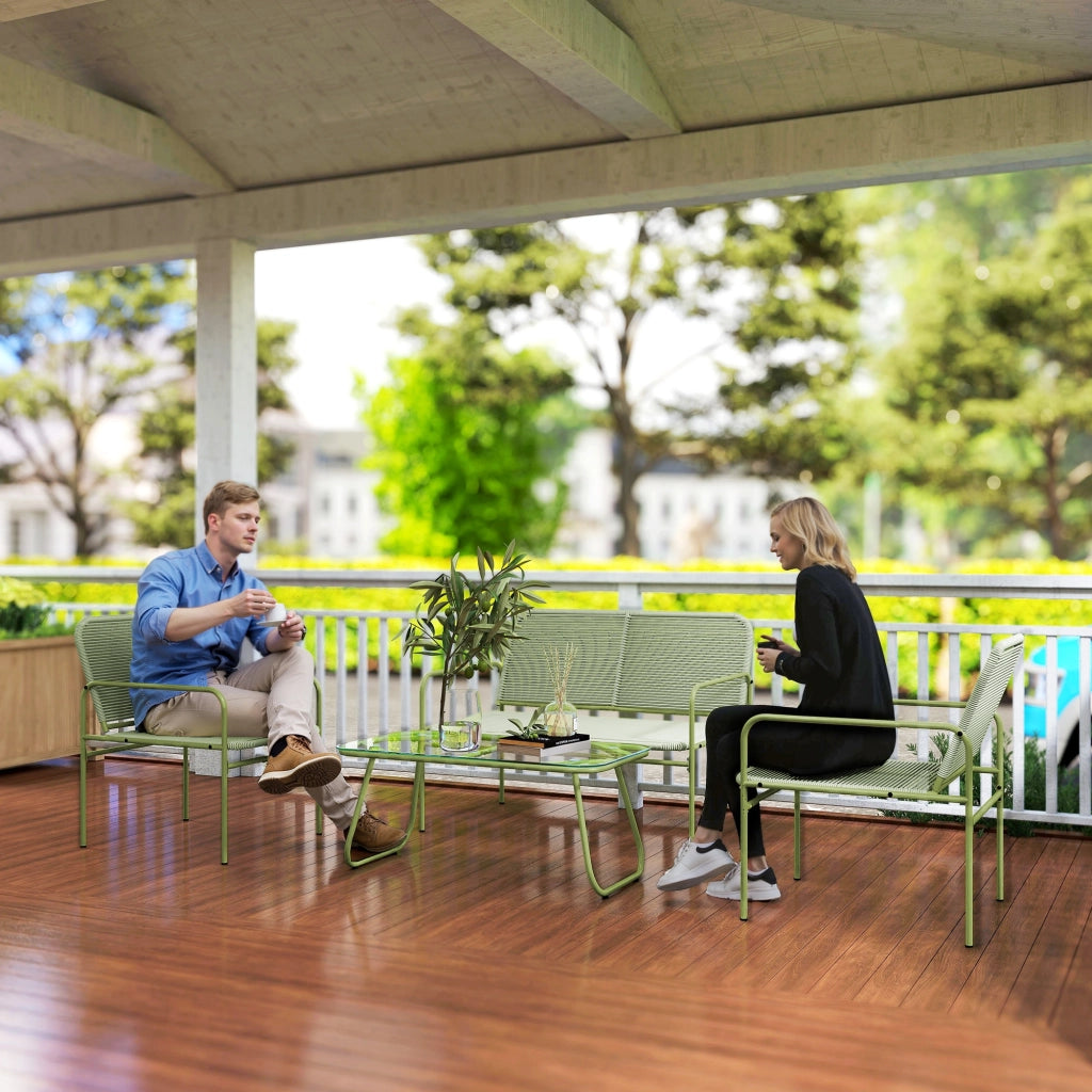Set Salotto da Giardino con Divanetto Poltrone e Tavolino con Piano in Vetro in Rattan PE Verde