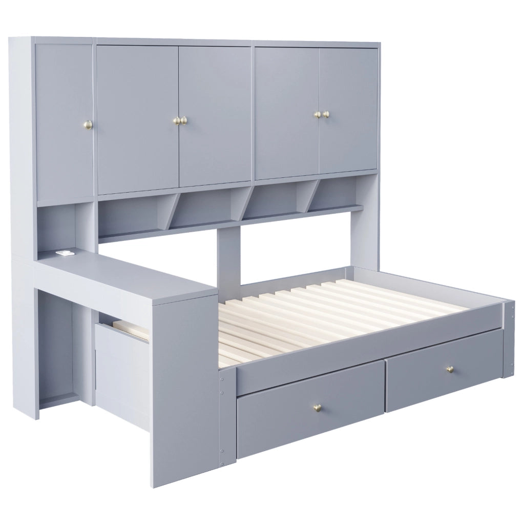 Letto 90x200 cm con scrivania, LED, prese e cassetti in compensato e MDF grigio