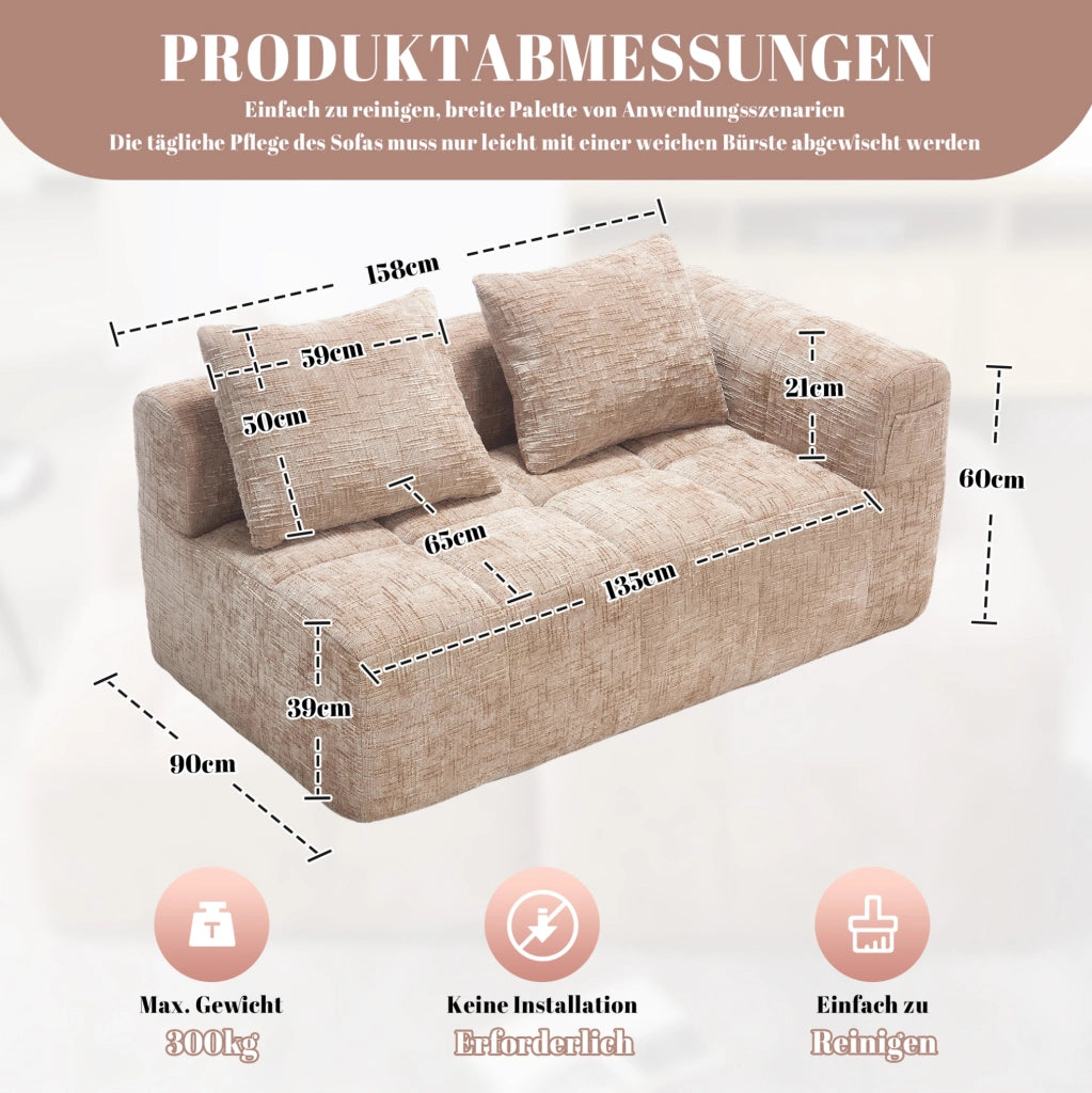 Divano 158x90x60 cm con chaise longue; tasche laterali e cuscino in chenille khaki