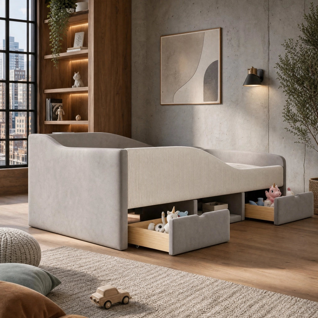 Letto imbottito per bambini 90x190 cm con protezioni laterali; 2 cassetti e vano portaoggetti; grigio